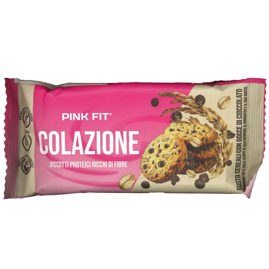 Pink Fit Colazione 2 Biscotti proteici ricchi di fibre gusto cereali con gocce di cioccolato