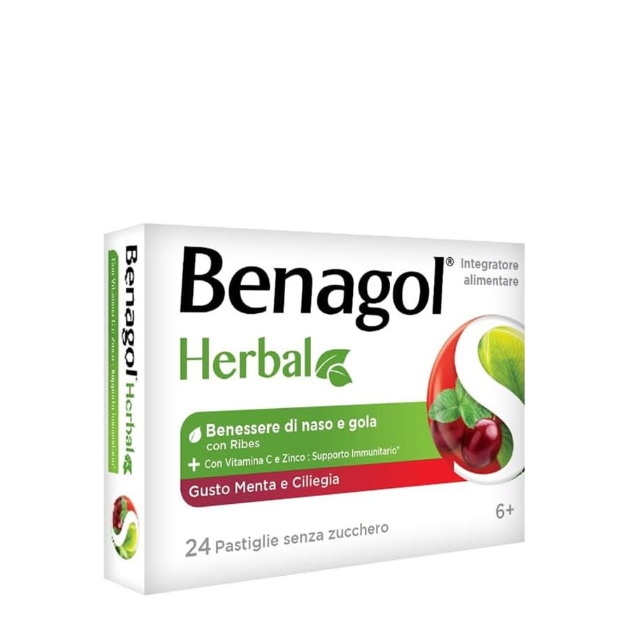 Benagol Herbal 24 pastiglie senza zucchero gusto menta e ciliegia